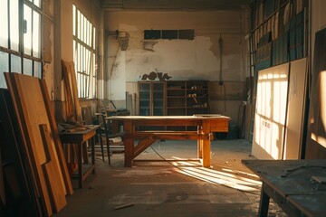 Interior of an old abandoned factory building with wooden table and chairs