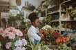 © miss irine - Black woman arranges flowers in vibrant floristic shop. She holds bouquet of red, orange flowers amidst colorful atmosphere with various flowers, potted plants. Scene exudes natural beauty, elegance.