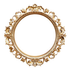 A round, gold-colored frame with ornate details isolated on a transparent background. PNG