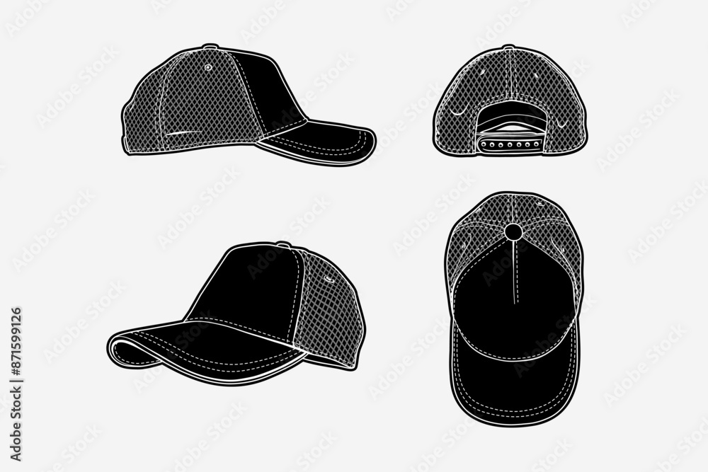 2d illustration of cap. Outline vector image set. Front, back, top ...