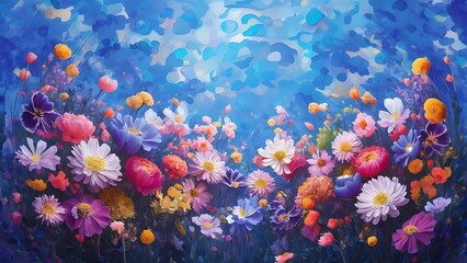 Wall Mural - Beautiful flowers on the blue background