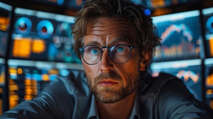 Fototapete - Man Analyzing Financial Data on Screens. Middle-aged man with glasses analyzing financial data on multiple screens in a high-tech office setting.