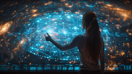 Poster - Woman Interacting with Large Digital Screen. Woman with a ponytail interacts with a large digital screen displaying complex data in a high-tech, futuristic environment.