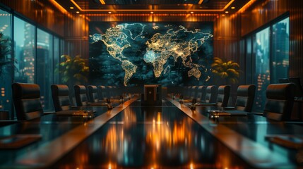 Poster - Modern Conference Room with Global Map. Modern conference room with a large digital global map on the wall, sleek design, and a sophisticated business atmosphere.
