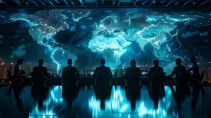 Poster - Team in Conference Room with Global Data. Business team in a conference room, analyzing global data displayed on a large digital screen, highlighting strategic discussions.