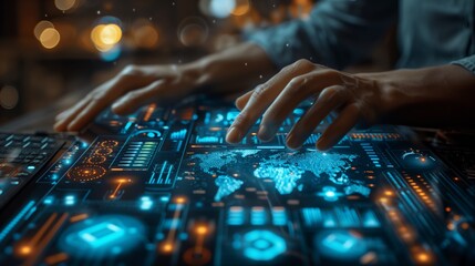 Poster - Hands Interacting with Digital Interface. Close-up of hands interacting with a digital interface displaying global data and advanced analytics in a futuristic setting.