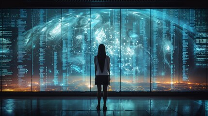 Poster - Woman Analyzing Global Digital Data. Woman stands in front of a massive digital screen displaying global data, analyzing information in a high-tech environment.