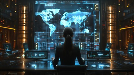 Poster - Woman Monitoring Global Digital Systems. Woman sits in front of multiple digital screens, monitoring global systems and data in a high-tech, futuristic control room.