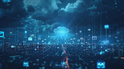 Poster - Concept digital technology network connection and cloud icon. Futuristic digital network with cloud technology icons and interconnected nodes. Smart city concept. internet of things. Modern tech