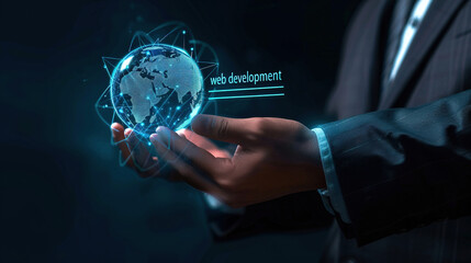 Poster - Technology background concept. Businessman checks a mark on a virtual screen with the text 