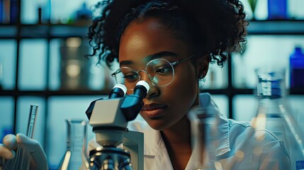 Poster - Medical Science Laboratory: Portrait of Beautiful Black Scientist Looking Under Microscope Does Analysis of Test Sample. 
