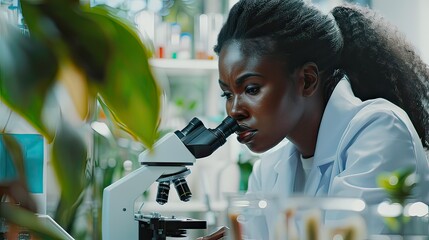 Poster - Medical Science Laboratory: Portrait of Beautiful Black Scientist Looking Under Microscope Does Analysis of Test Sample. 