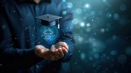 Online education and modern learning. Futuristic technology showcase of an educational business service. Businessman holding a virtual education icon with a graduation hat and a digital world hologram