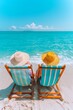 © Glittering Humanity - Two people sit in colorful striped beach chairs on a sandy beach, facing the turquoise ocean, wearing wide-brimmed hats, enjoying a sunny, peaceful day at the seaside.
