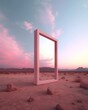© Glittering Humanity - An abstract framed doorway stands in a desert landscape under a dramatic sunset sky, representing concepts of opportunity, exploration, and surreal escape into the vast unknown.