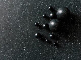 Assorted black spheres on a textured dark surface resembling a starry sky