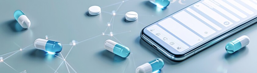 Poster - Magazine style cover photo featuring a modern online pharmacy interface, user-friendly app design, sleek graphics, professional layout
