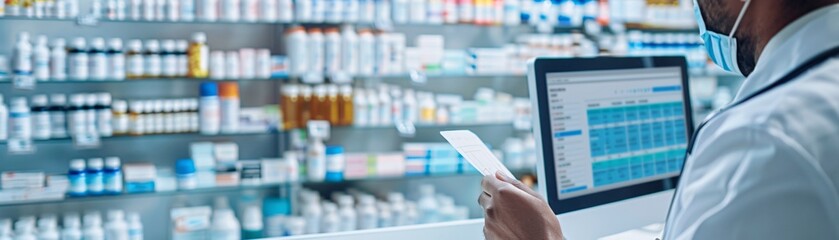 Poster - Documentary style photograph of a pharmacist preparing an online prescription order, shelves filled with medications in the background, computer screen displaying an order form