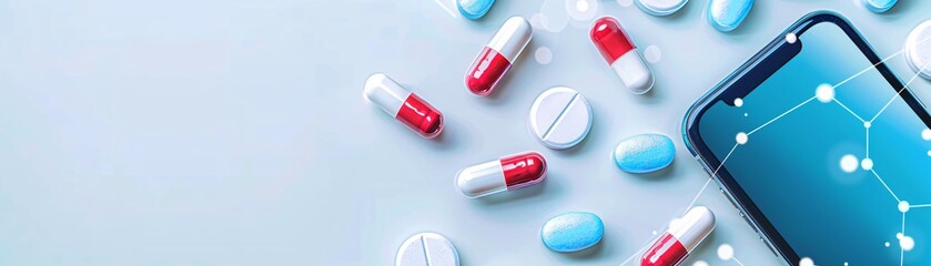Poster - Magazine style cover photo featuring a modern online pharmacy interface, user-friendly app design, sleek graphics, professional layout