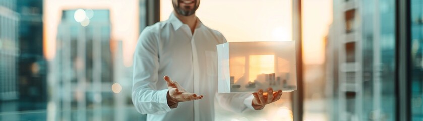 Poster - editorial style image of a young professional receiving a medication delivery at their office, couri