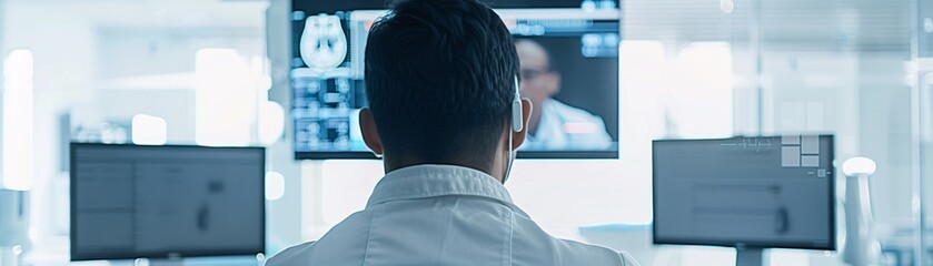 Poster - Documentary style photograph of a healthcare professional conducting an online consultation, medical equipment in the background, patient on a screen