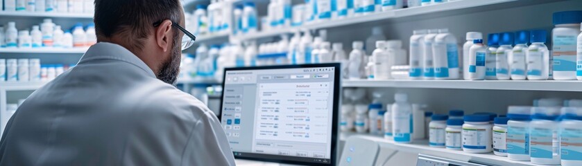 Wall Mural - Documentary style photo of a pharmacist on a video call with a patient, detailed view of the computer screen and patient interaction, professional setting