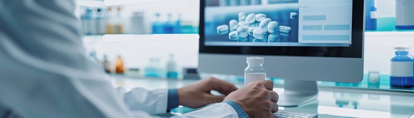 Poster - Documentary style photo of a pharmacist on a video call with a patient, detailed view of the computer screen and patient interaction, professional setting
