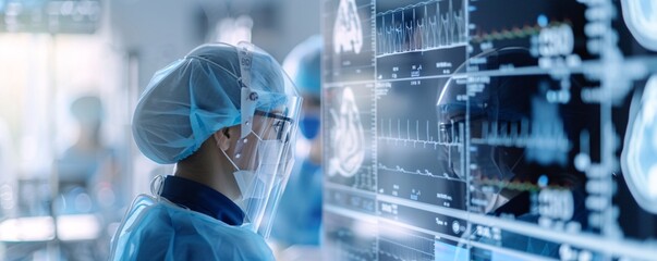 Poster - Documentary style photograph of a healthcare professional conducting an online consultation, medical equipment in the background, patient on a screen