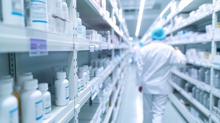 Poster - Editorial style image of a busy pharmacy warehouse, staff organizing medications for delivery, advanced logistics systems in action