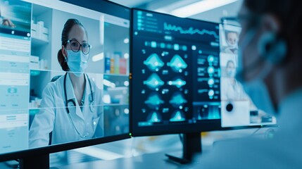 Poster - documentary style photo of a pharmacist on a video call with a patient, detailed view of the compute