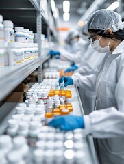 Poster - editorial style image of a busy pharmacy warehouse, staff organizing medications for delivery, advan