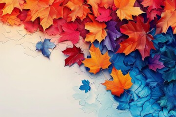 Wall Mural - Vibrant colorful autumn leaves scattered with a single blue leaf representing diversity contrast and the beauty of differences in a bright dynamic illustration