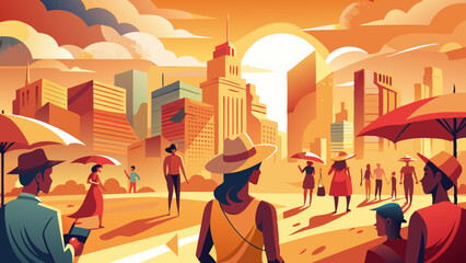 Wall Mural - Vibrant Urban Sunset Scene with Walking People and Skyscrapers