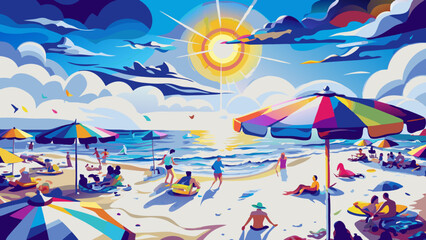 Wall Mural - Vibrant Beach Day Scene with Colorful Umbrellas and Happy Vacationers