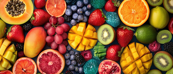 Wall Mural - A colorful assortment of fruits including oranges, strawberries, kiwis