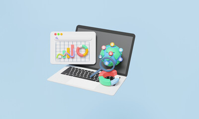 Fototapete - Business analytics data base of customer global via social media website System SEO development concept. strategy and research marketing click search keyword information computer. 3d render