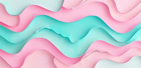 Poster - Abstract background with pastel pink and mint colors, paper cut style. The composition is made of three-dimensional shapes in the shape of waves, creating an atmosphere of lightness and freshness. The