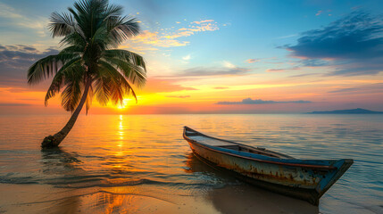 photo wooden boat near coconut tree on background sunset