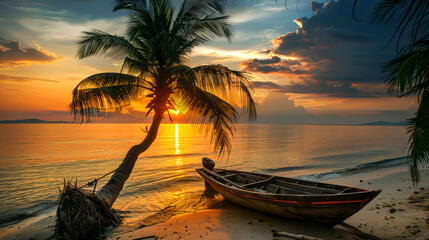 photo wooden boat near coconut tree on background sunset