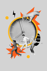 Poster - Vertical photo collage of happy business people late work clock time management deadline expire limit isolated on painted background