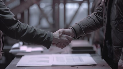 Two men in casual clothesWo Shou over a table with blueprints on it.