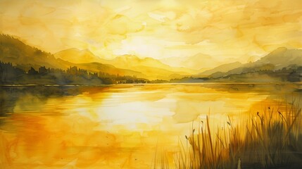 Golden Lake Sunset Watercolor Painting.