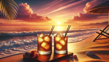 Wall Mural - Two Whiskey Highball cocktails set on a beach during a sunset