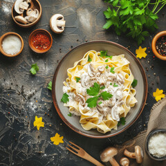 Wall Mural - Mushroom pasta, pappardelle with cream sauce and parsley, overhead flat lay shot on a stone background.