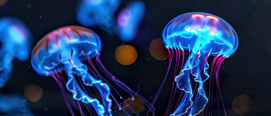 Wall Mural - Two jellyfish with blue and purple tails are floating in the water