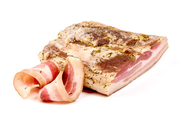 Wall Mural - Smoked bacon. Streaky brisket slices, isolated on white background.