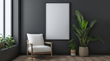 Wall Mural - Blank picture frame mockup in minimalistic modern interior. Vertical template mock up for artwork, painting, photo or poster in interior design