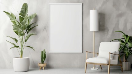 Wall Mural - Blank picture frame mockup in minimalistic modern interior. Vertical template mock up for artwork, painting, photo or poster in interior design