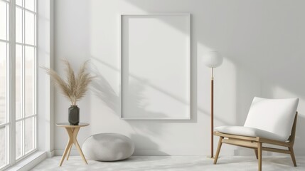 Wall Mural - Blank picture frame mockup in minimalistic modern interior. Vertical template mock up for artwork, painting, photo or poster in interior design