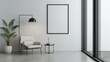 © ASA Creative - Blank picture frame mockup in minimalistic modern interior. Vertical template mock up for artwork, painting, photo or poster in interior design
